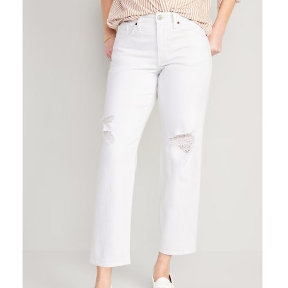 NWT Old Navy Hi Rise OG Loose Secret Smooth Pockets Distressed White Jeans 10